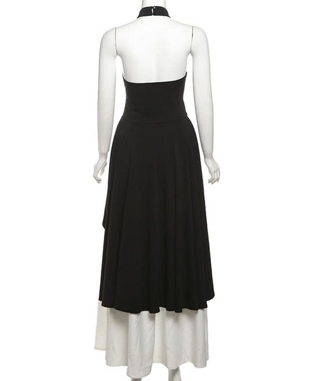 Elegant Halter High-Low Maxi Dress - Chic Black & White for Fall & Holiday Soirées