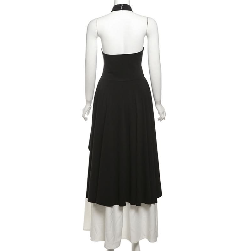 Elegant Halter High-Low Maxi Dress - Chic Black & White for Fall & Holiday Soirées
