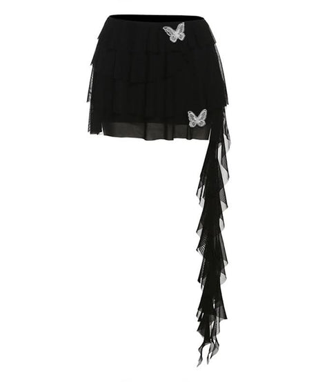 Dramatic Red Butterfly Ruffle Mini Skirt with Train - Perfect for Fall Parties & Halloween