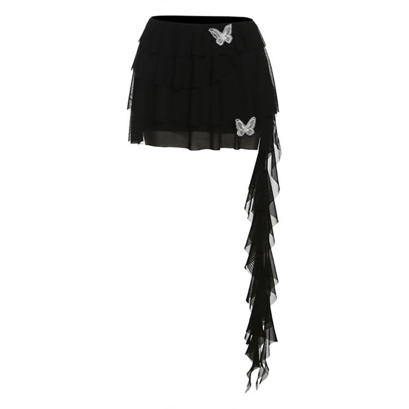 Dramatic Red Butterfly Ruffle Mini Skirt with Train - Perfect for Fall Parties & Halloween