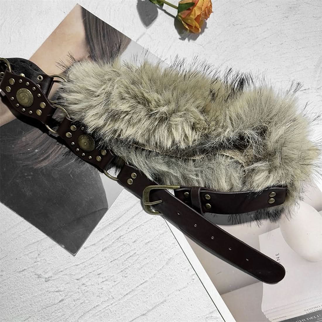 Edgy Faux Fur & Studded Buckle Statement Belt – Fall's Must-Have Accessory
