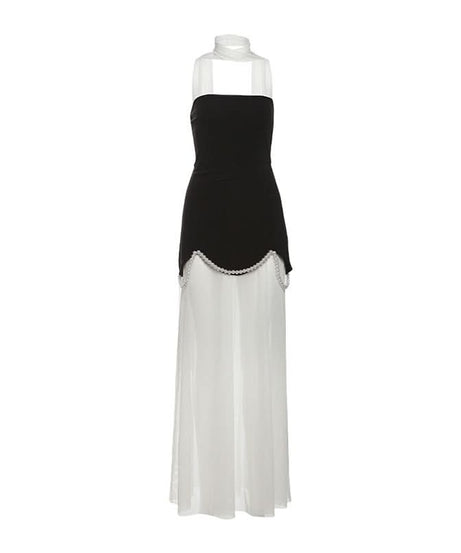 Chic Black & White Strapless Pearl Maxi Dress - Elegant Holiday Event Gown