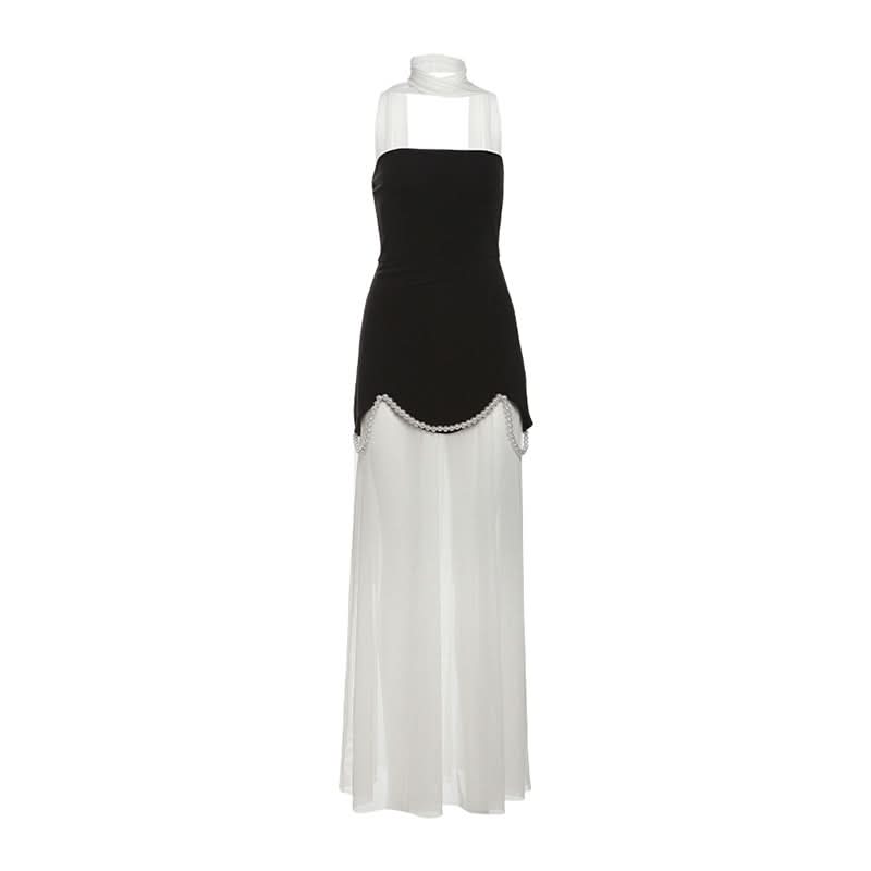 Chic Black & White Strapless Pearl Maxi Dress - Elegant Holiday Event Gown