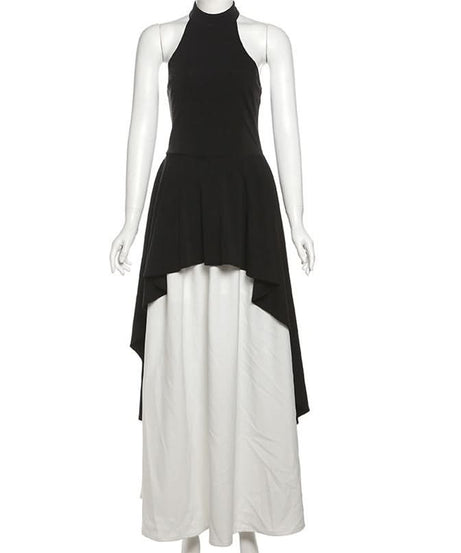 Elegant Halter High-Low Maxi Dress - Chic Black & White for Fall & Holiday Soirées