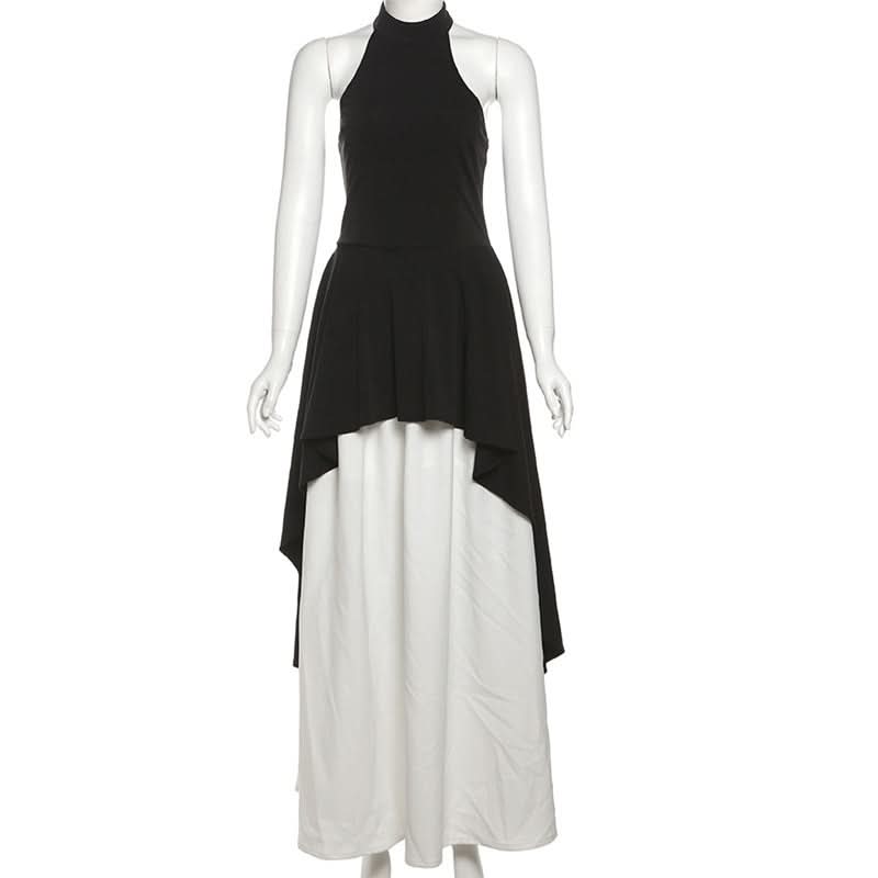 Elegant Halter High-Low Maxi Dress - Chic Black & White for Fall & Holiday Soirées