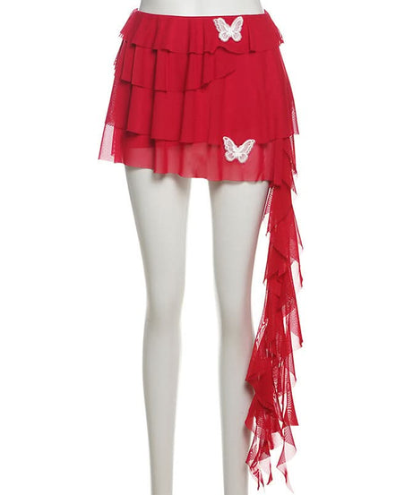 Dramatic Red Butterfly Ruffle Mini Skirt with Train - Perfect for Fall Parties & Halloween