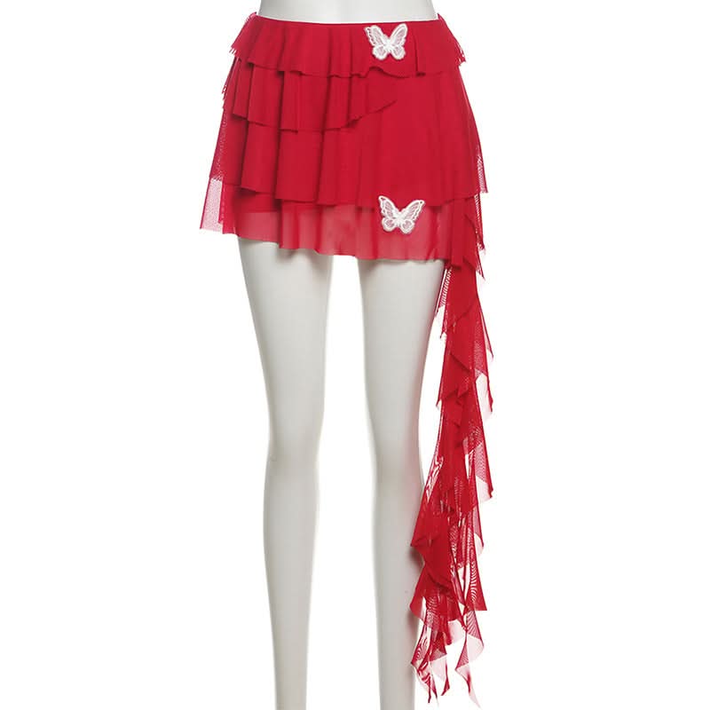 Dramatic Red Butterfly Ruffle Mini Skirt with Train - Perfect for Fall Parties & Halloween
