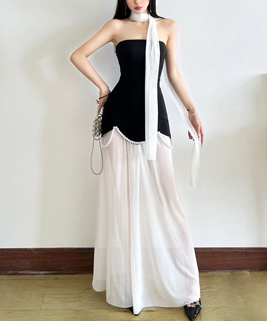Chic Black & White Strapless Pearl Maxi Dress - Elegant Holiday Event Gown