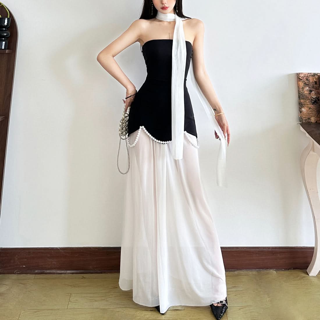 Chic Black & White Strapless Pearl Maxi Dress - Elegant Holiday Event Gown