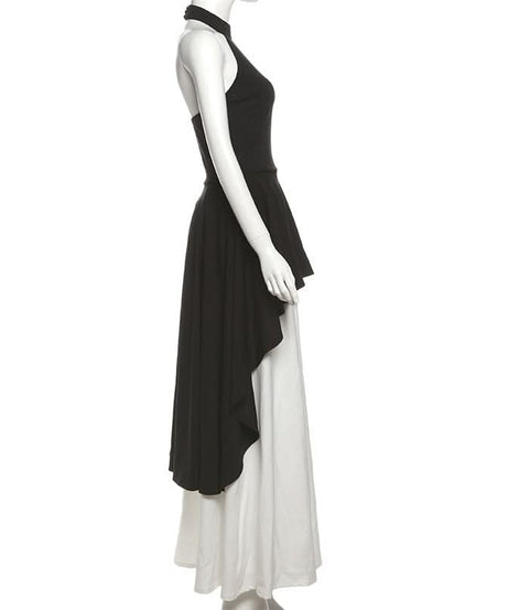 Elegant Halter High-Low Maxi Dress - Chic Black & White for Fall & Holiday Soirées