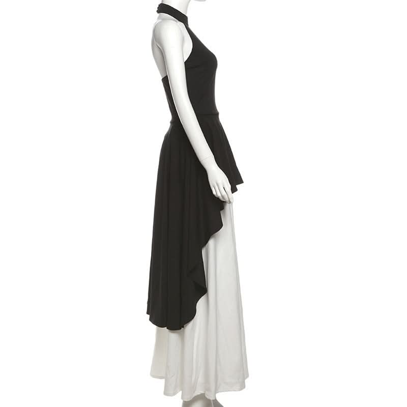 Elegant Halter High-Low Maxi Dress - Chic Black & White for Fall & Holiday Soirées