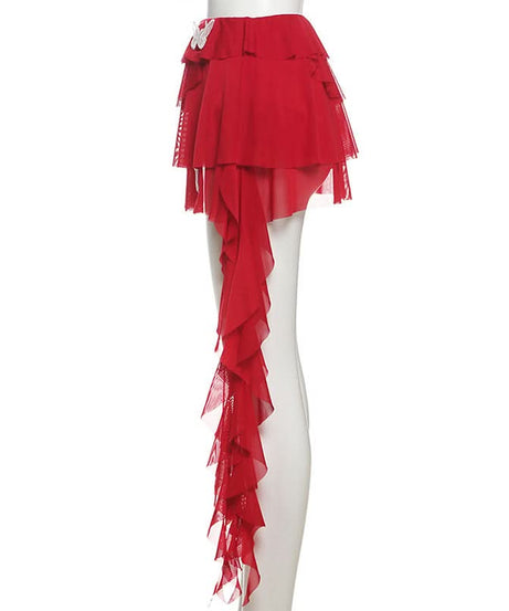 Dramatic Red Butterfly Ruffle Mini Skirt with Train - Perfect for Fall Parties & Halloween