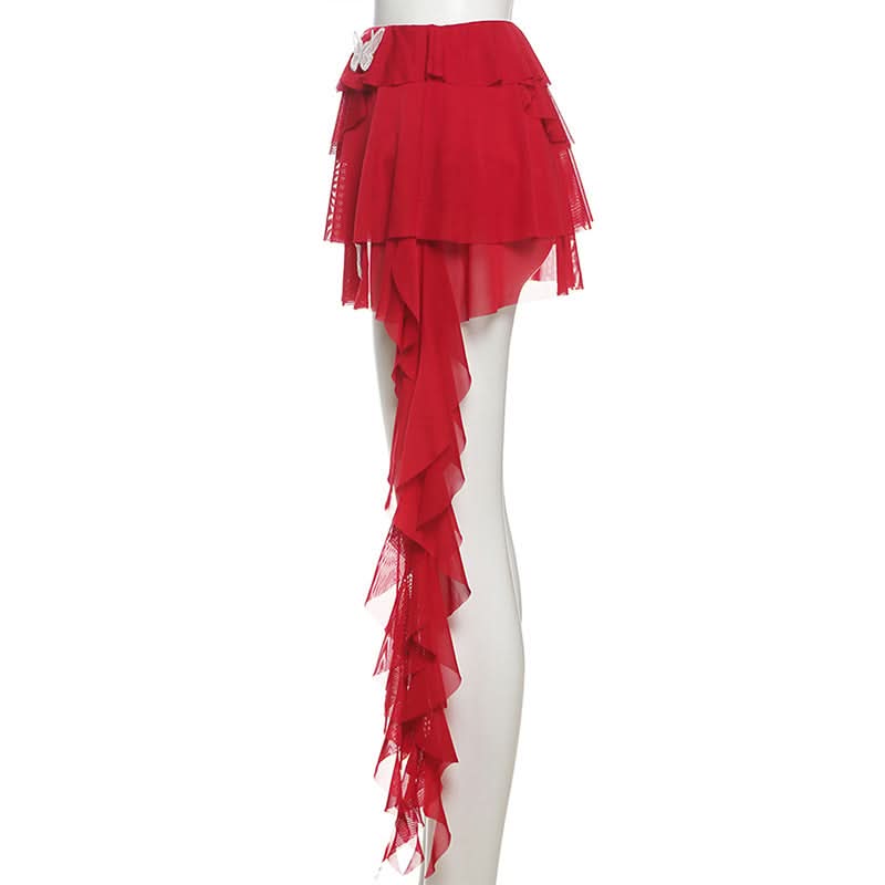 Dramatic Red Butterfly Ruffle Mini Skirt with Train - Perfect for Fall Parties & Halloween