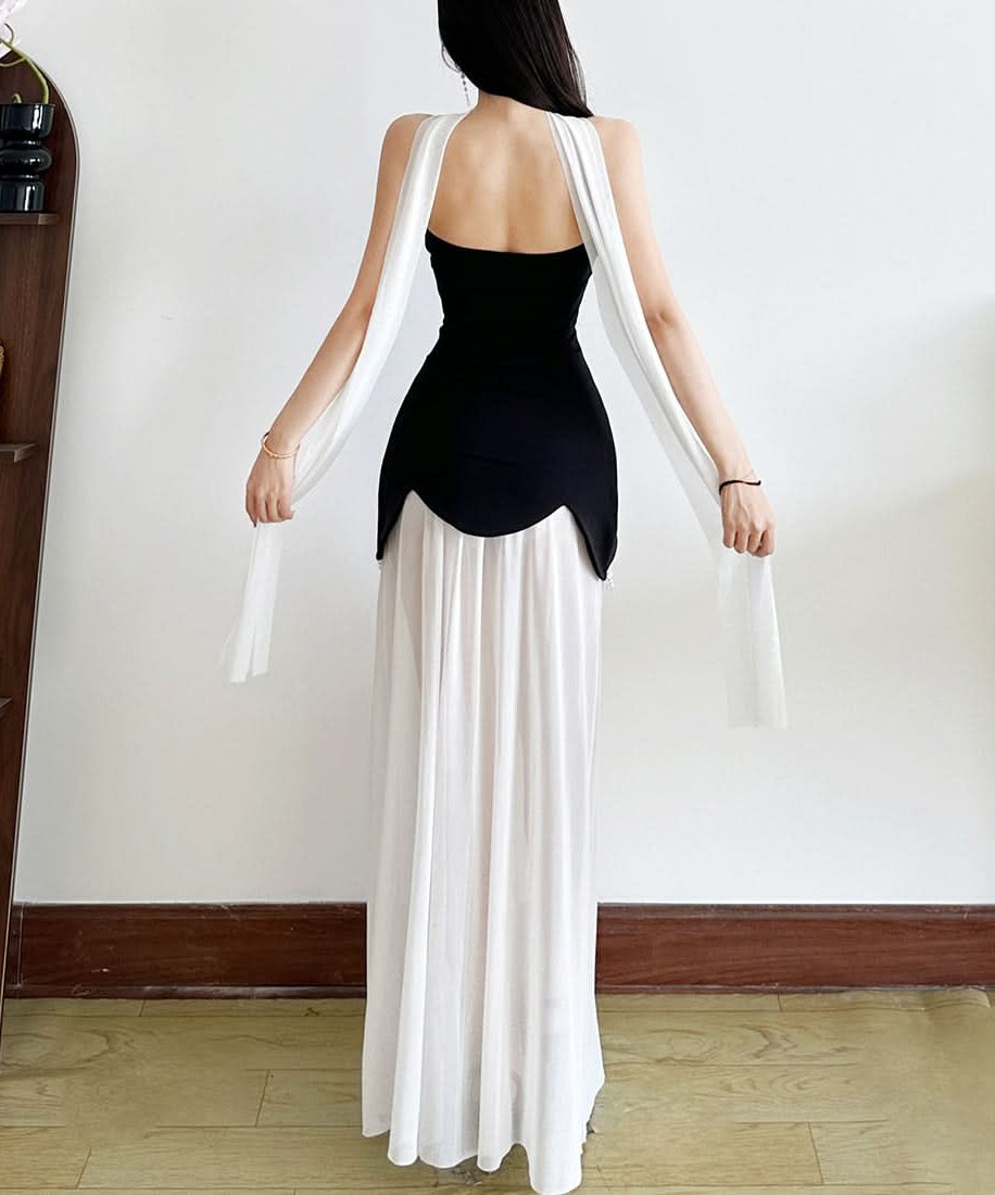 Chic Black & White Strapless Pearl Maxi Dress - Elegant Holiday Event Gown