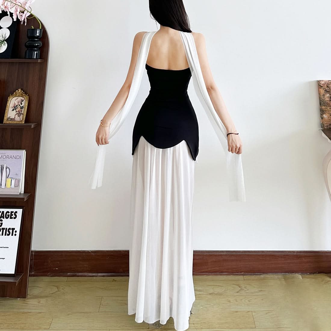 Chic Black & White Strapless Pearl Maxi Dress - Elegant Holiday Event Gown