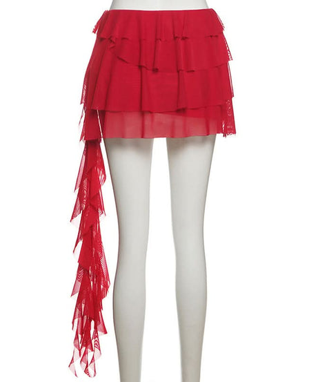 Dramatic Red Butterfly Ruffle Mini Skirt with Train - Perfect for Fall Parties & Halloween