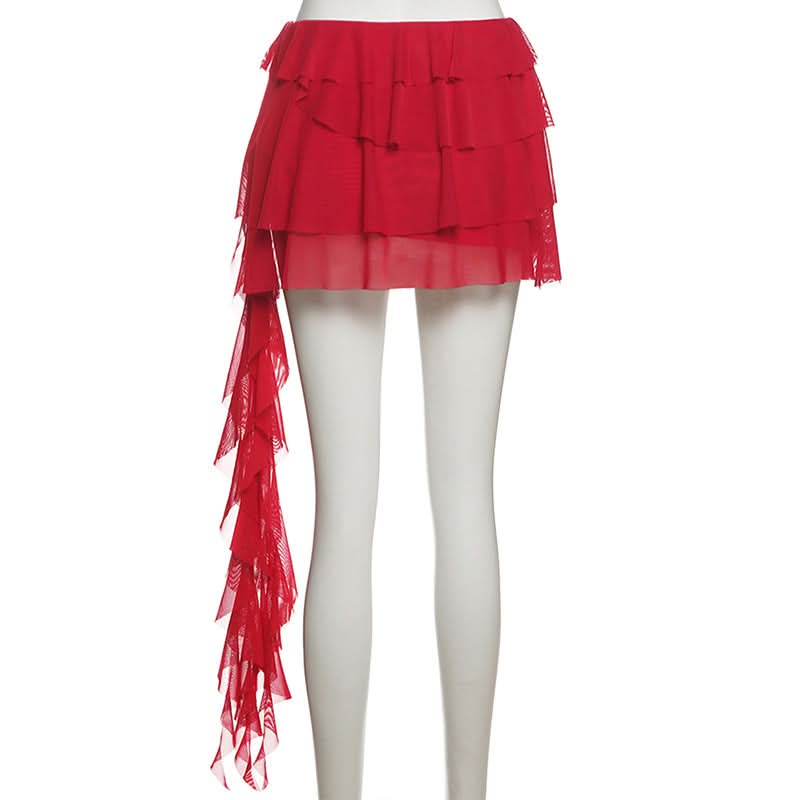 Dramatic Red Butterfly Ruffle Mini Skirt with Train - Perfect for Fall Parties & Halloween