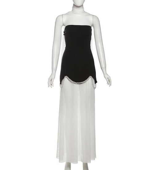 Chic Black & White Strapless Pearl Maxi Dress - Elegant Holiday Event Gown