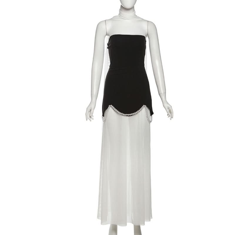 Chic Black & White Strapless Pearl Maxi Dress - Elegant Holiday Event Gown