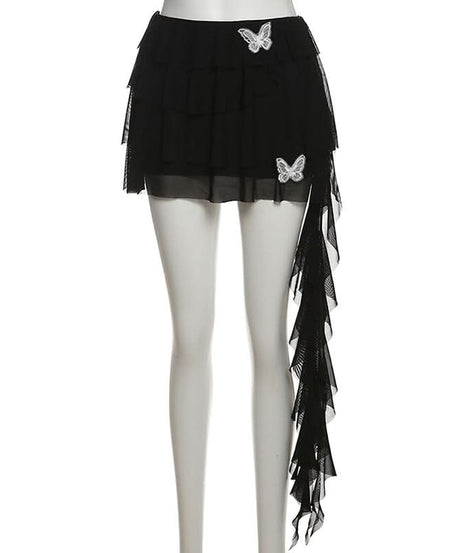 Dramatic Red Butterfly Ruffle Mini Skirt with Train - Perfect for Fall Parties & Halloween
