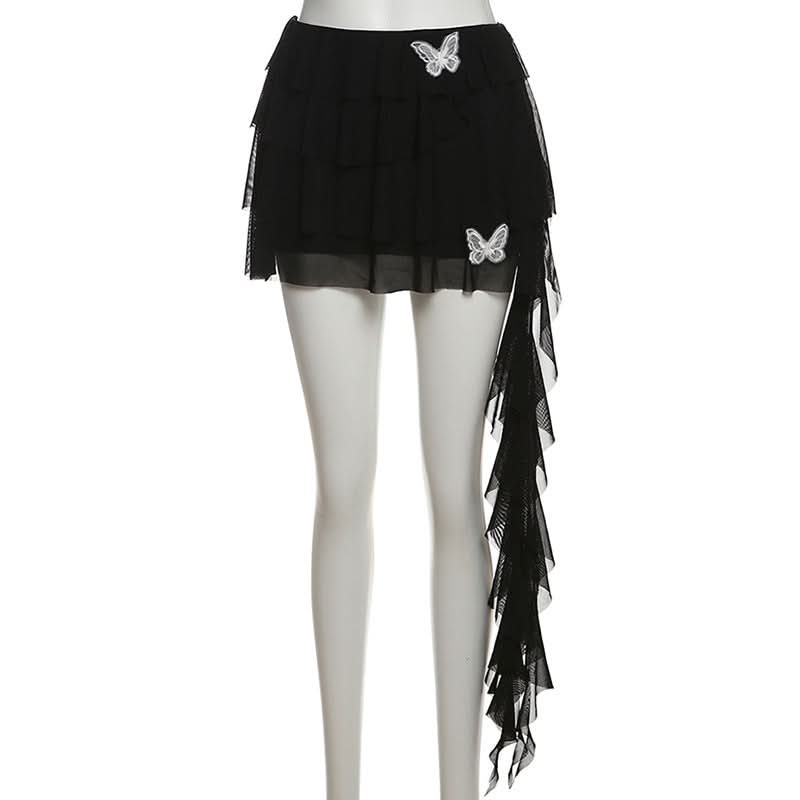 Dramatic Red Butterfly Ruffle Mini Skirt with Train - Perfect for Fall Parties & Halloween