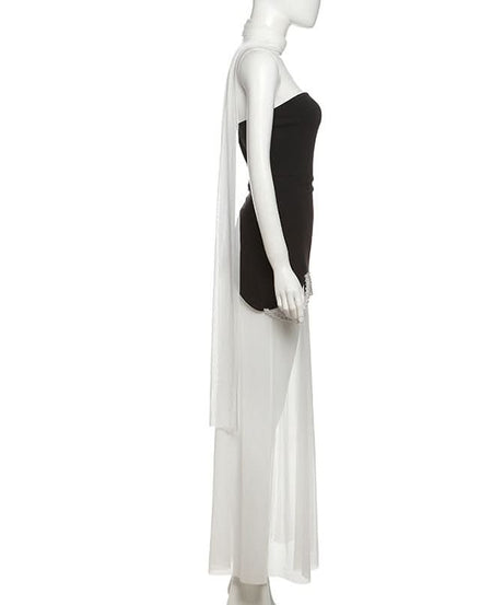 Chic Black & White Strapless Pearl Maxi Dress - Elegant Holiday Event Gown