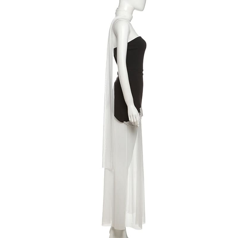 Chic Black & White Strapless Pearl Maxi Dress - Elegant Holiday Event Gown