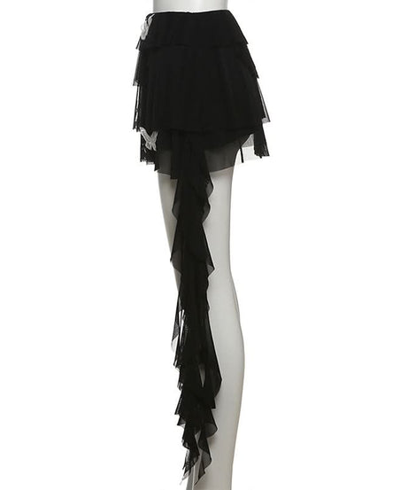 Dramatic Red Butterfly Ruffle Mini Skirt with Train - Perfect for Fall Parties & Halloween