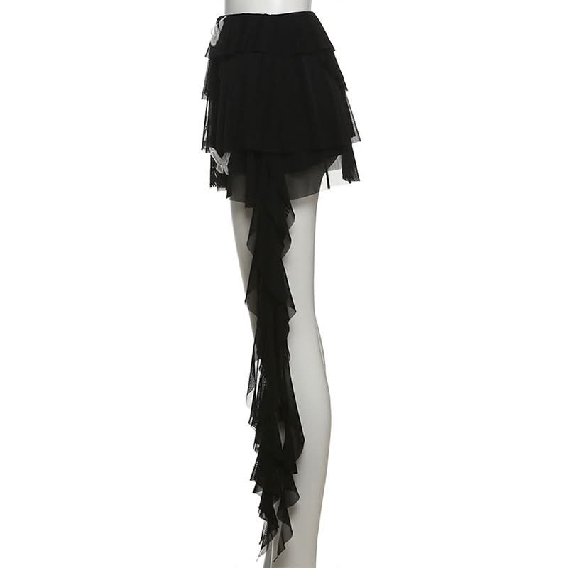 Dramatic Red Butterfly Ruffle Mini Skirt with Train - Perfect for Fall Parties & Halloween