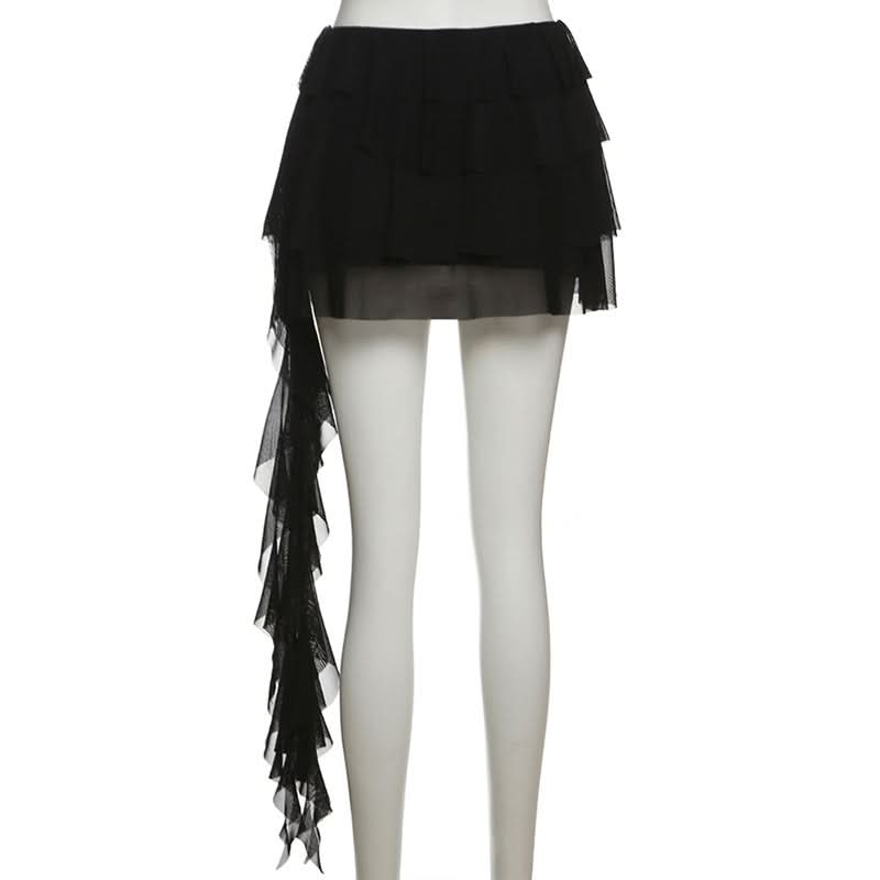 Dramatic Red Butterfly Ruffle Mini Skirt with Train - Perfect for Fall Parties & Halloween