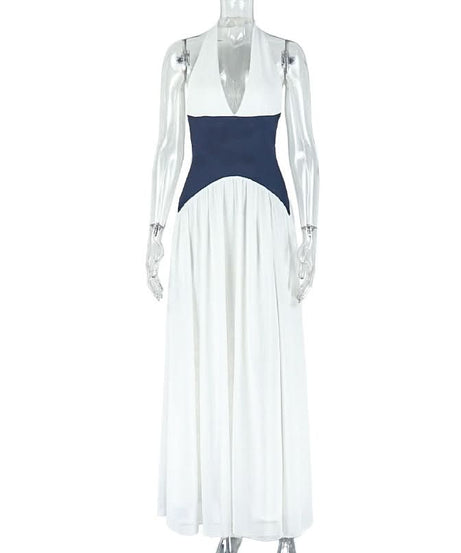 Coastal Chic Halter Maxi Dress – Two-Tone Navy & White for Resort & Fall Getaways