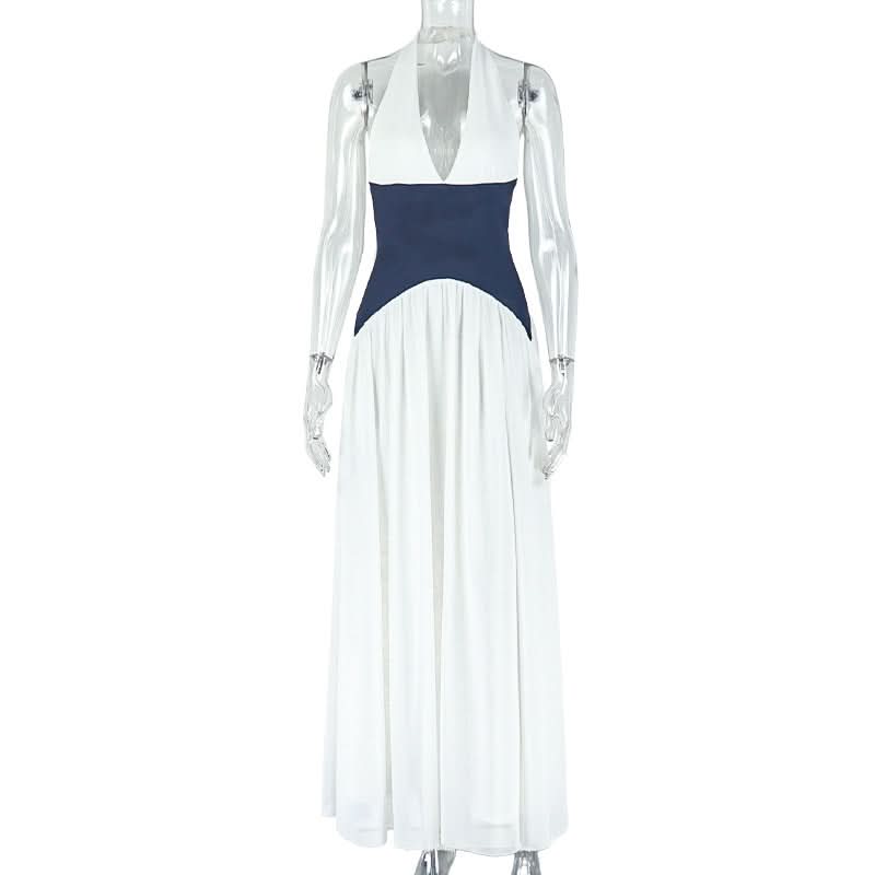 Coastal Chic Halter Maxi Dress – Two-Tone Navy & White for Resort & Fall Getaways