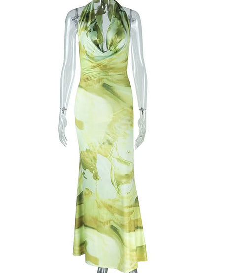 Stunning Abstract Green Halter Cowl Neck Maxi Dress - Backless Elegance for Fall & Resort