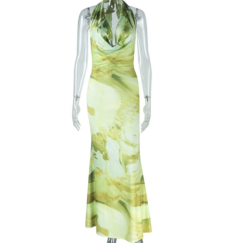 Stunning Abstract Green Halter Cowl Neck Maxi Dress - Backless Elegance for Fall & Resort
