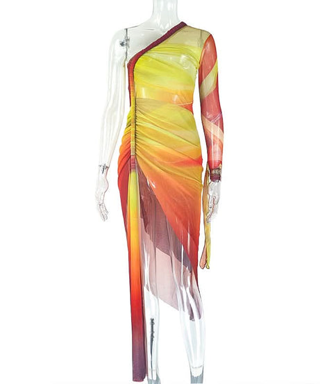 Golden Hour Glow: One-Shoulder Ombre Mesh Midi Dress - Slit & Ruched for Fall Getaways