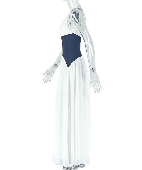 Coastal Chic Halter Maxi Dress – Two-Tone Navy & White for Resort & Fall Getaways