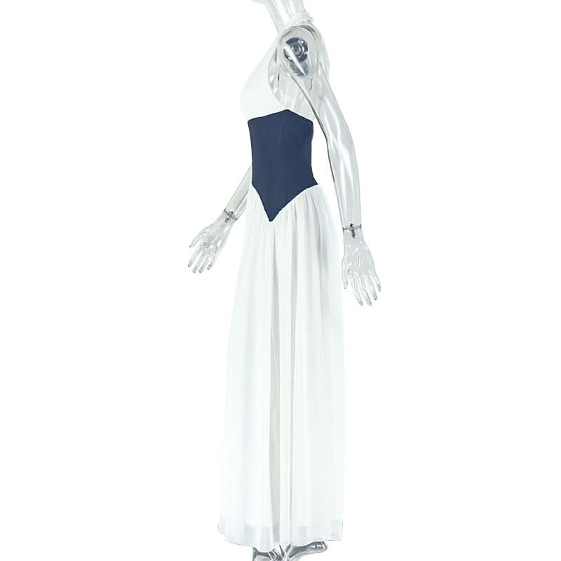 Coastal Chic Halter Maxi Dress – Two-Tone Navy & White for Resort & Fall Getaways