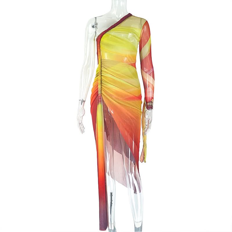 Golden Hour Glow: One-Shoulder Ombre Mesh Midi Dress - Slit & Ruched for Fall Getaways