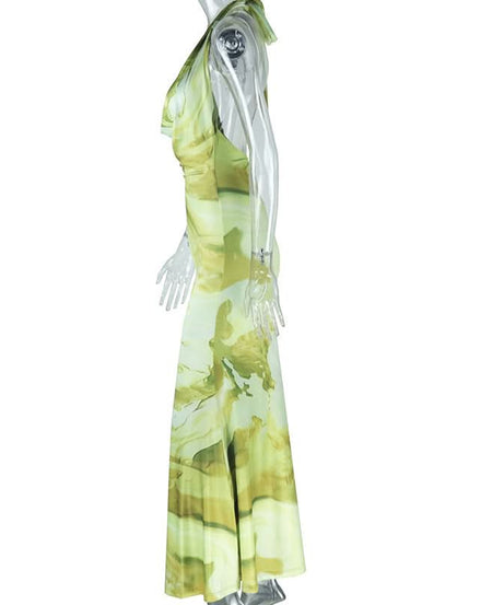 Stunning Abstract Green Halter Cowl Neck Maxi Dress - Backless Elegance for Fall & Resort