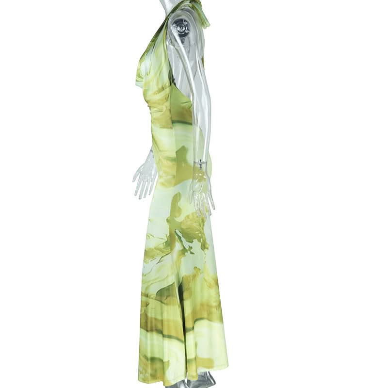 Stunning Abstract Green Halter Cowl Neck Maxi Dress - Backless Elegance for Fall & Resort