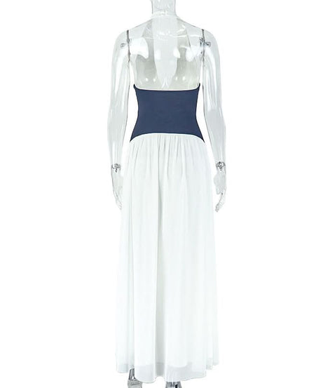 Coastal Chic Halter Maxi Dress – Two-Tone Navy & White for Resort & Fall Getaways