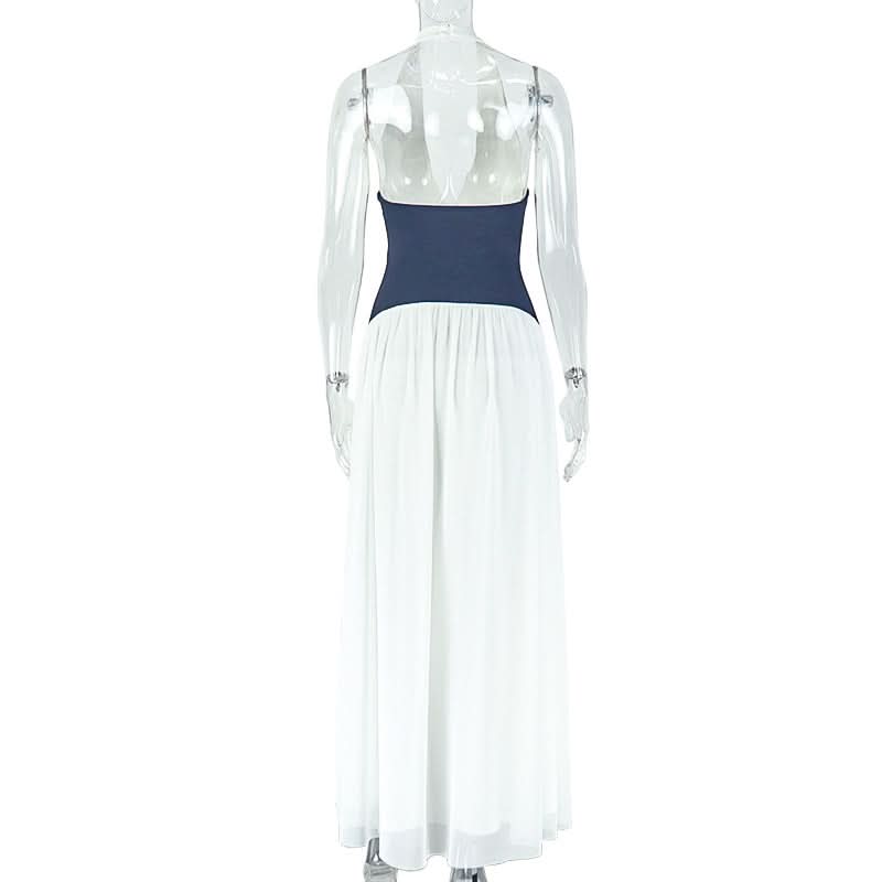 Coastal Chic Halter Maxi Dress – Two-Tone Navy & White for Resort & Fall Getaways