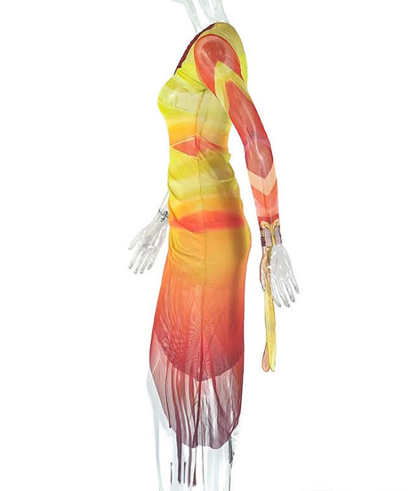 Golden Hour Glow: One-Shoulder Ombre Mesh Midi Dress - Slit & Ruched for Fall Getaways