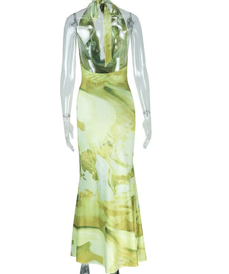 Stunning Abstract Green Halter Cowl Neck Maxi Dress - Backless Elegance for Fall & Resort