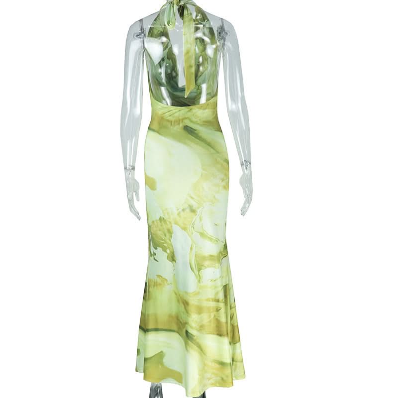 Stunning Abstract Green Halter Cowl Neck Maxi Dress - Backless Elegance for Fall & Resort