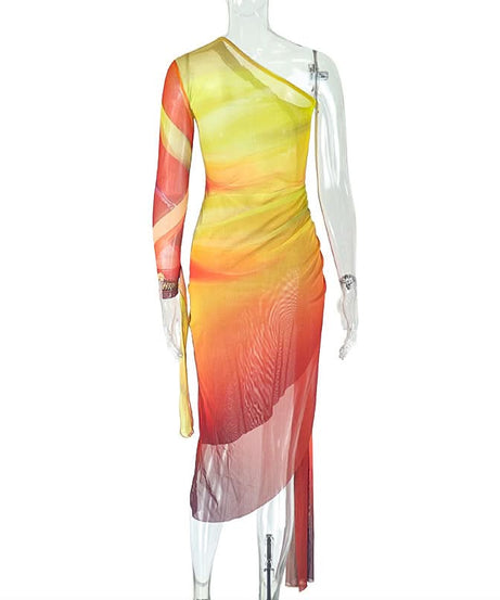 Golden Hour Glow: One-Shoulder Ombre Mesh Midi Dress - Slit & Ruched for Fall Getaways