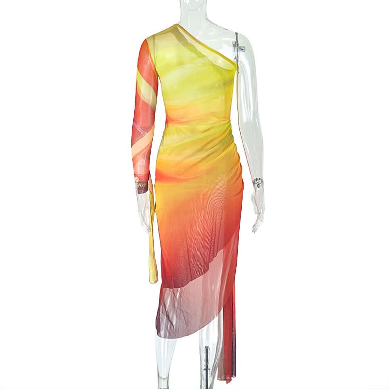 Golden Hour Glow: One-Shoulder Ombre Mesh Midi Dress - Slit & Ruched for Fall Getaways