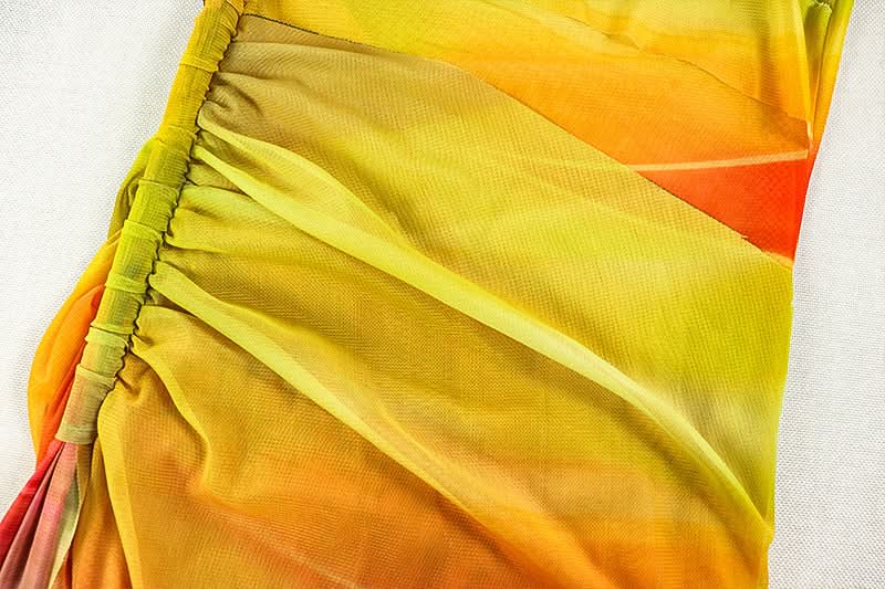 Golden Hour Glow: One-Shoulder Ombre Mesh Midi Dress - Slit & Ruched for Fall Getaways