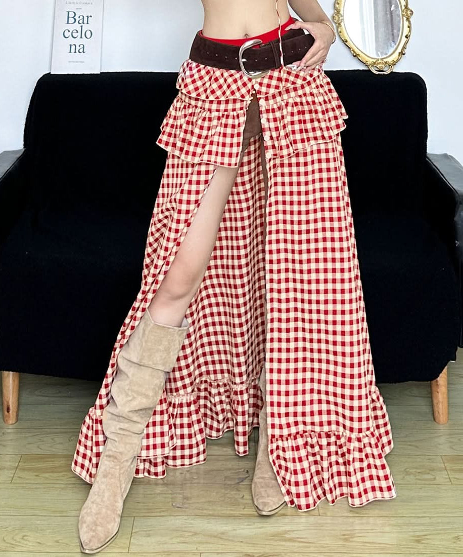 Chic Fall Gingham Ruffle Maxi Skirt - High Slit & Boho Style