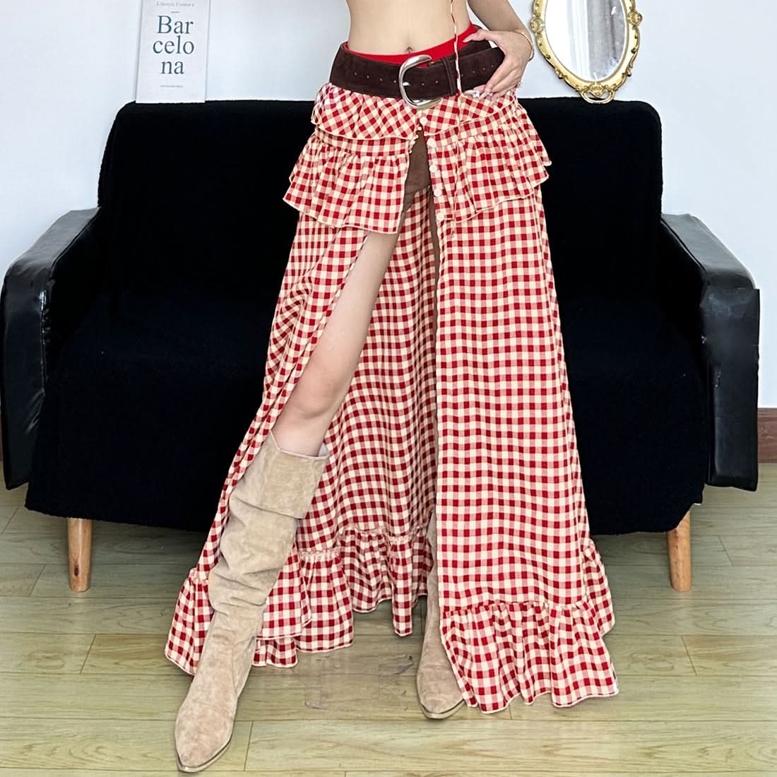 Chic Fall Gingham Ruffle Maxi Skirt - High Slit & Boho Style